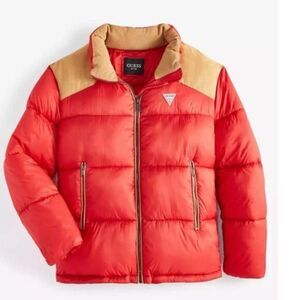 NWT $225 GUESS Men's Larry Fabric Block Puffer Jacket Suede Detail Red Small